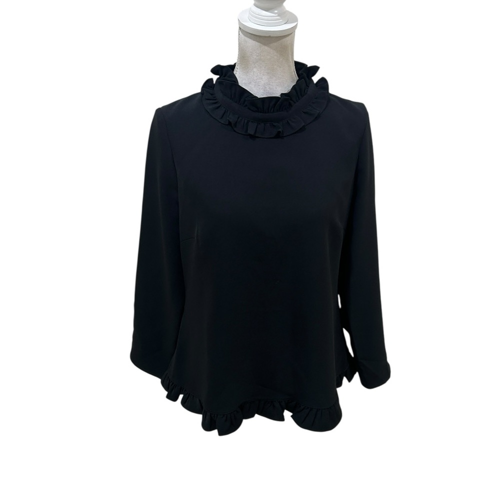 Sail to Sable Black Ruffle-Neck Long Sleeve Midweight Blouse back zip medium